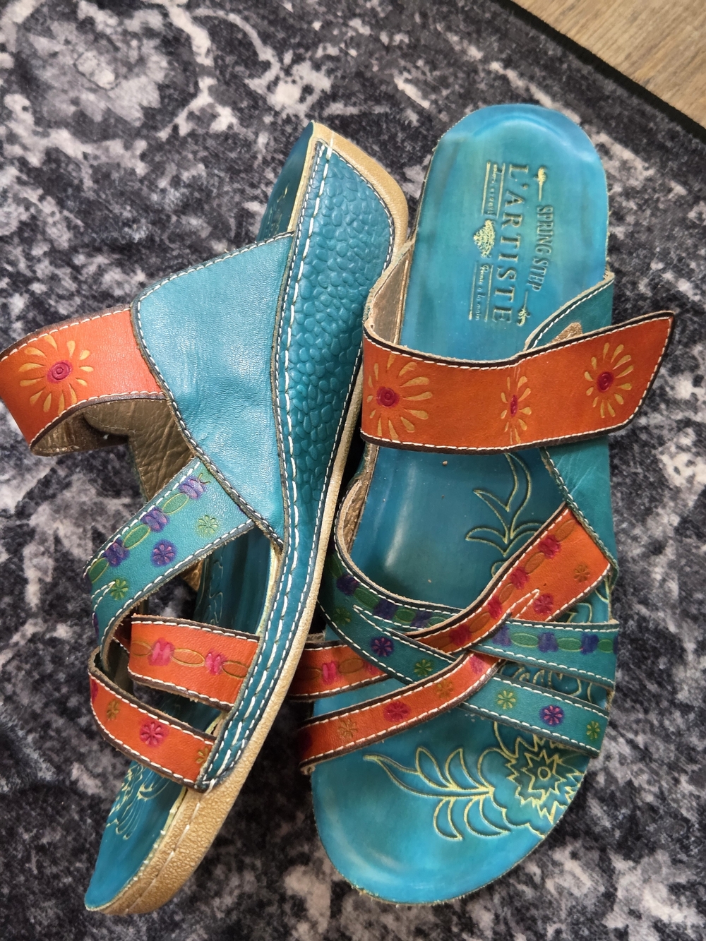 L'ATISTE Teal and Orange Floral Multi-Strap Slide Sandals - Picture 9 of 9